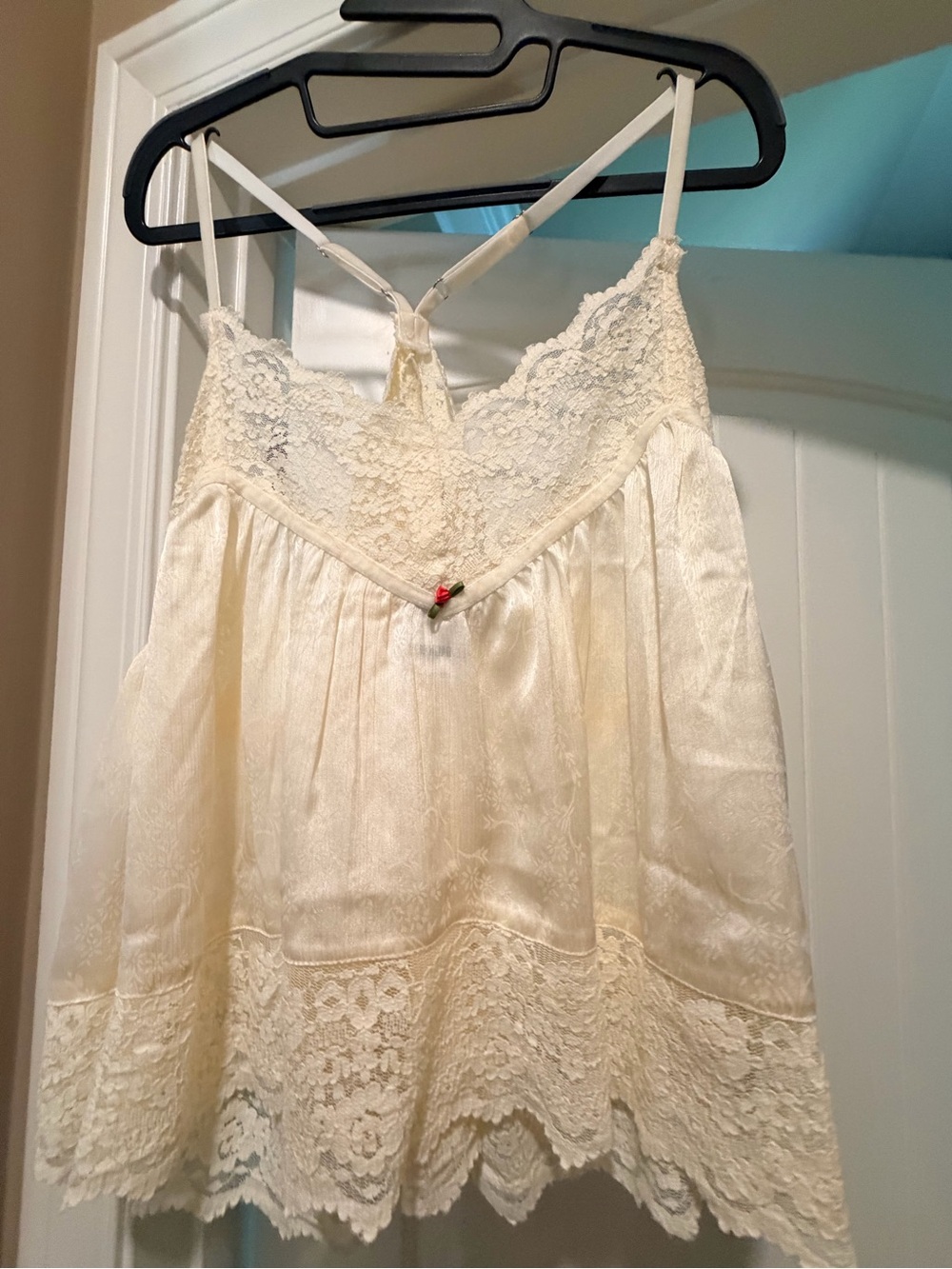 Free People Cream Lace-Trim Satin Chemise Top